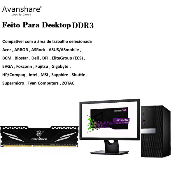 Avanshare Memoria Ram DDR3 4GB 8GB 1333MHz 1600MHz Desktop Memory PC3-10600 PC3-12800 240-Pin Non-ECC DIMM Cooling Vest Black