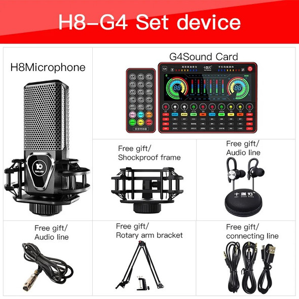 New Sound Card H8 Microphone Professional Podcast Condenser Micr& Sound Mixer for PC Karaoke Youtube Studio Recording Microphone