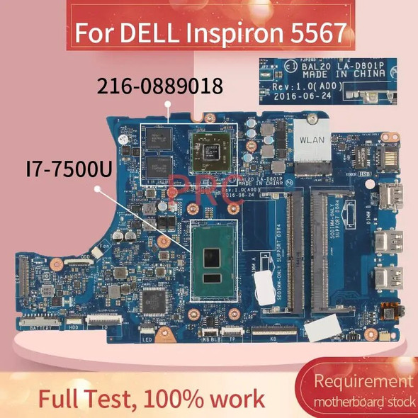 CN-0KFWK9 0KFWK9 For DELL Inspiron 15 5567 17 5767 I7-7500U+ R7 M440 4GB Notebook Mainboard BAL20 LA-D801P Laptop Motherboard