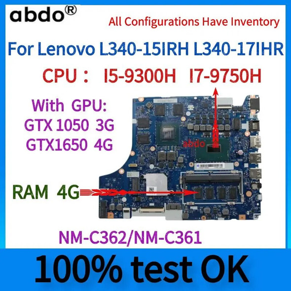 NM-C362/NM-C361 Motherboard.For Lenovo L340-15IRH L340-17IHR Laptop Motherboard.With I5/I7 CPU.GTX1650 4G GPU.4G RAM