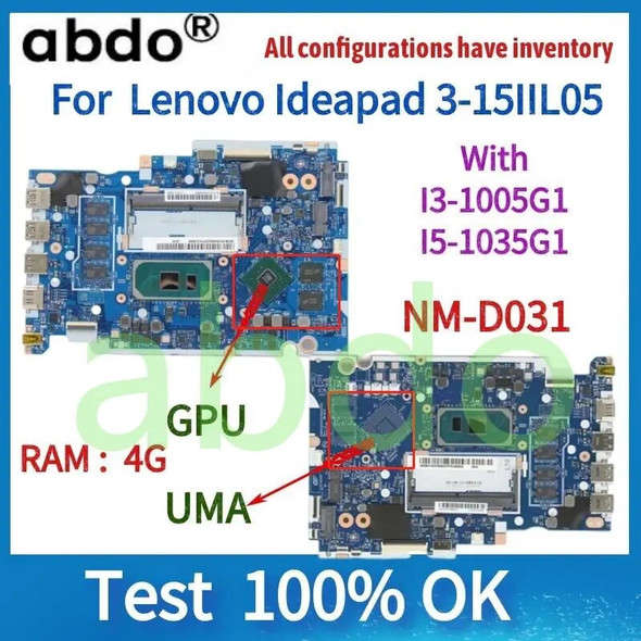 NM-D031 Motherboard.For Lenovo IDEAPAD 3-15IIL05 Laptop Motherboard.With CPU I3-1005G1/I5-1035G1 amd 4GB RAM,100% test