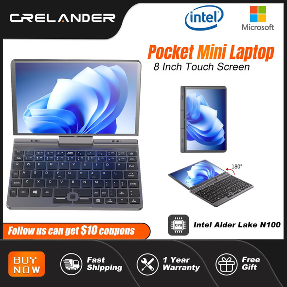 CRELANDER 8 Inch Tablet Mini PC Touchscreen Rotating 360 Degree Intel Alder Lake N100 12GB WiFi6 Notebook Yoga Handheld Laptops