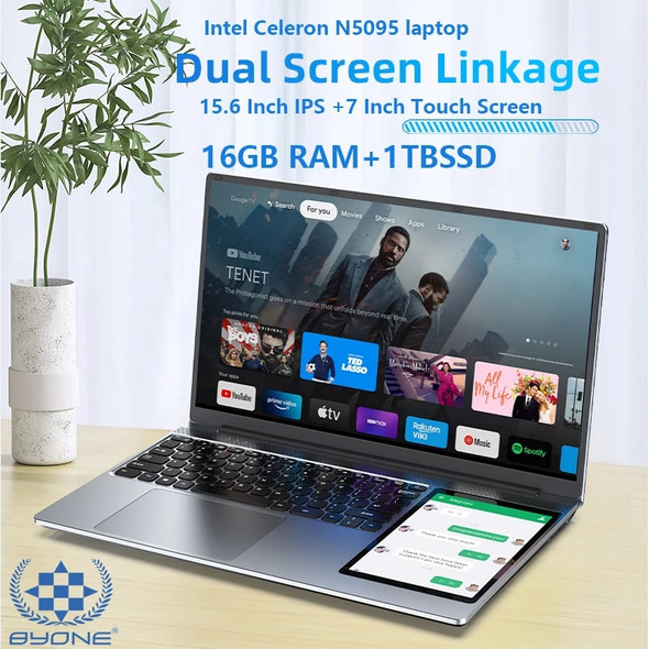 2024 15.6 inch IPS Four-sided Narrow Screen 7 inch IPS Touch screen Dual-screen Laptop Intel N5095 512GB/ TB SSD 4 Core 4 Thread