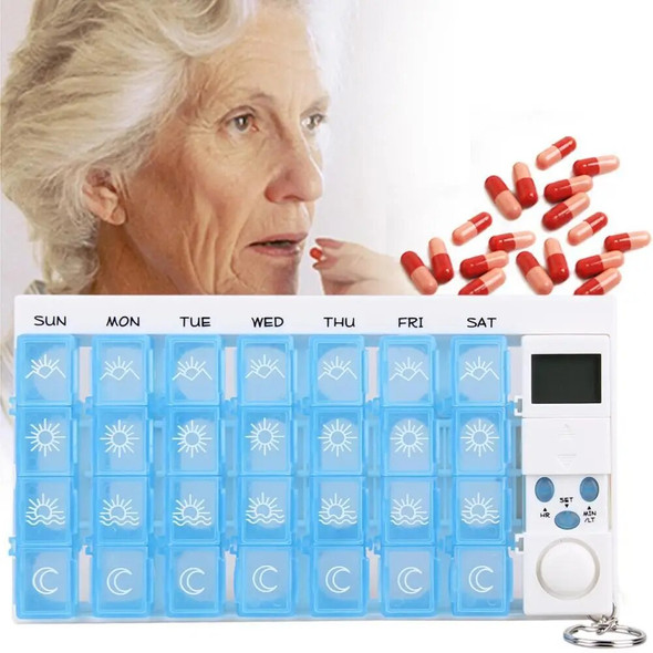 28-Grid Electronic Medicine Storage Timer Tablet Personal Health Care Container Weekly Pill Dispenser Travel Pill Box