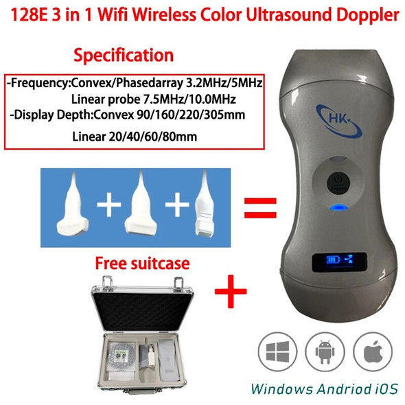 128E 3 in 1Wifi Wireless Color Ultrasound Doppler Convex Linear Phased Array Probe Support iOS Android Windows Free Suitcase