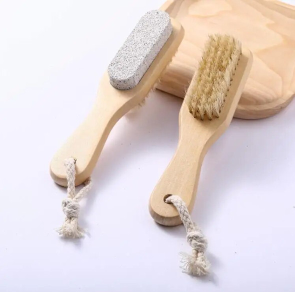 Natural Handle Bristle Pumice Stone Rub Feet Foot Exfoliating Dead Skin Remover Spa Massager Wooden Brush SN1789