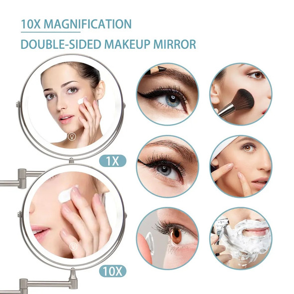 8 Inch Wall Mounted Bathroom Mirror Adjustable LED Makeup Mirror 10X Magnifying Touch Vanity Cosmetic Mirrors with Light 8 Inch Wall Mounted Bathroom Mirror Adjustable LED Makeup Mirror 10X Magnifying Touch Vanity Cosmetic Mirrors with Light