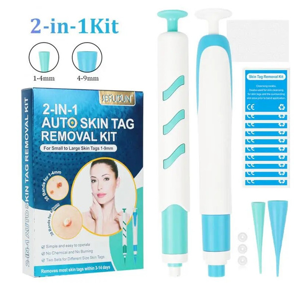 2-IN-1 Auto Skin Tag Removal Kit Painless Skin Label Mole Acne Wart Removal Pen Set with Cleansing Swabs Facial Beauty Care Tool