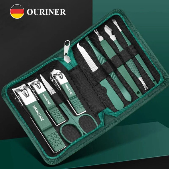 Green 9 Pcs Manicure Set With Leather Case Professional Foot And Face Care Tool Kits Stainless Steel Nail Clipper Sets Gift
