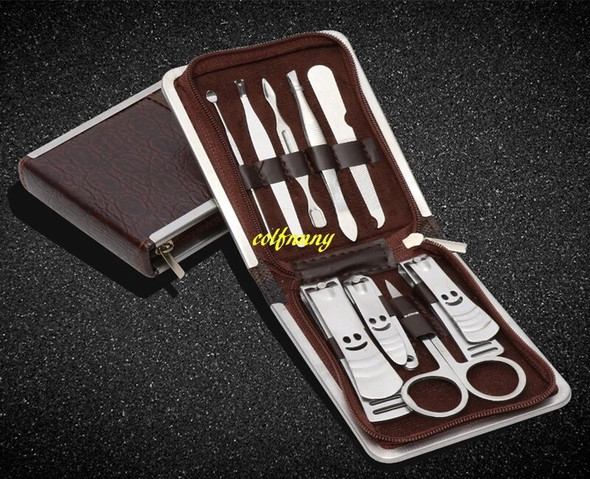 60sets/lot 9pcs Nail Clipper Cutter Kit Pedicure Scissor Tweezer Earpick Utility Manicure Tools With leather zipper case