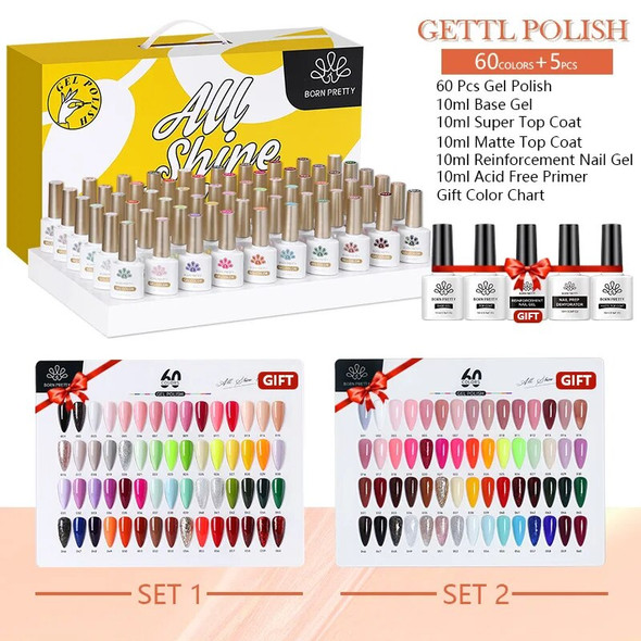 BORN PRETTY 65PCS/Set Nail Gel Polish Kit 10ml Color Gel Semi Permanent Soak Off UV LED Base Top Coat Gift Gel Varnish Kit