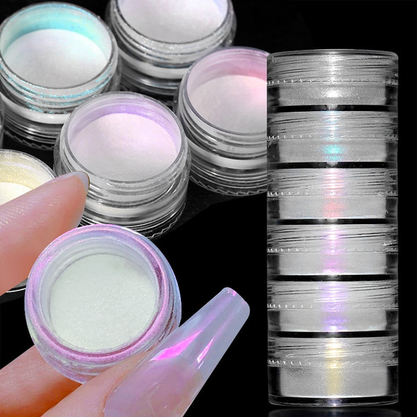 6Box/Set Aurora Pearl White Nails Powder Shell Mirror Pigment Chrome Effect Rubbing Dust Gel Polish DIY Nail Manicure Decoration