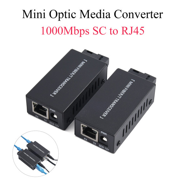 1Pair Mini Gigabit Fiber Optical Media Converter 100/1000Mbps Optic Transceiver SC to RJ45 Ethernet Switch 20Km With US Power