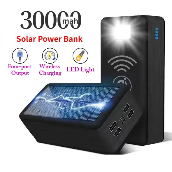 Solar Power Bank 30000mAh Solar Charging Mobile Phone Wireless Charging Large Capacity Battery External Battery Fast Charging