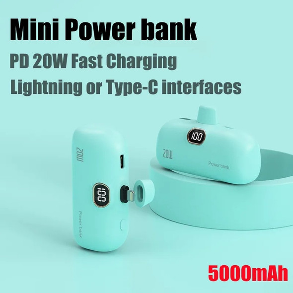 Mini Power Bank 5000mAh Lightning Port Portable External Battery Compact Portable Power Bank 20W Type-C Fast Charging Charger