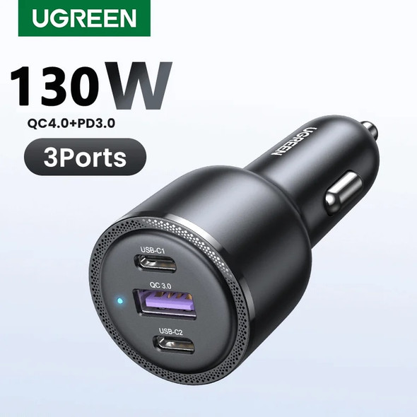 UGREEN 130W USB C Car Charger For Xiaomi iPhone 15 Samsung Galaxy S24 Laptops Tabet PD3.0 Fast Charging USB Type C Car Charger