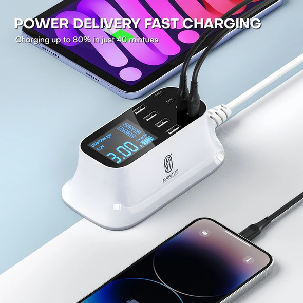 75W Multi USB 8-Port Smart Desktop Fast Charging Station LED Display PD 3.0 Type C Fast Charger for IPhone 14 13 12 IPad Samsung