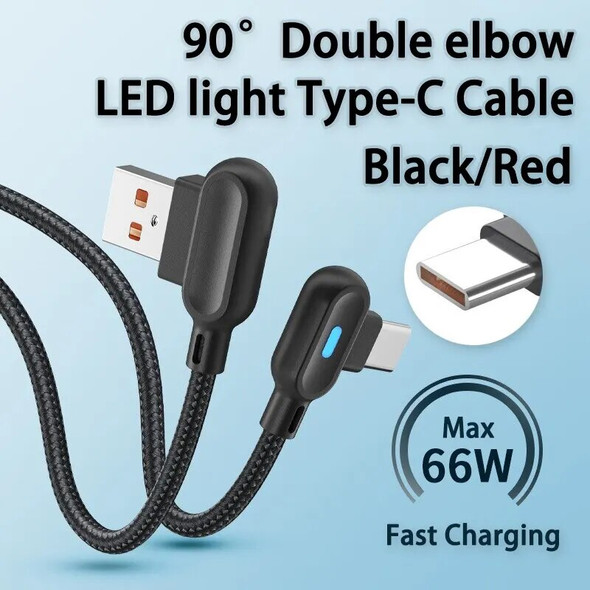 66W Fast Charging Type C Cable With Light Double Elbow Cable for Game for Samsung Xiaomi Mobile Phone Braided Data Cable