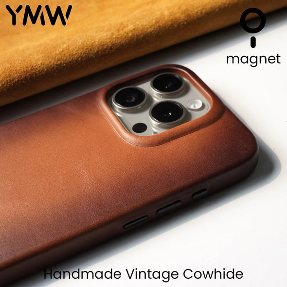 YMW Handmade Case for iPhone 15 Pro Max Plus Magnetic Oil Wax Genuine Leather Luxury Business Retro Pull-up Cow Phone Cover