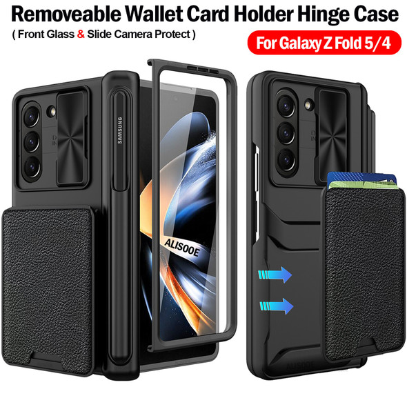 For Samsung Galaxy Z Fold 5 Fold 4 5G Case Hinge Pen Slot Removeable Wallet Card Holder Slide Camera Front Glass Phone Cover
