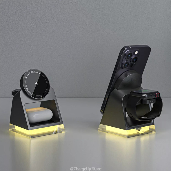 New Magsafe 3 in 1 Wireless Charger Stand with Touch Crystal Lamp for Iphone 12-15 Pro Max Iwatch Airpods Pro Charging Station