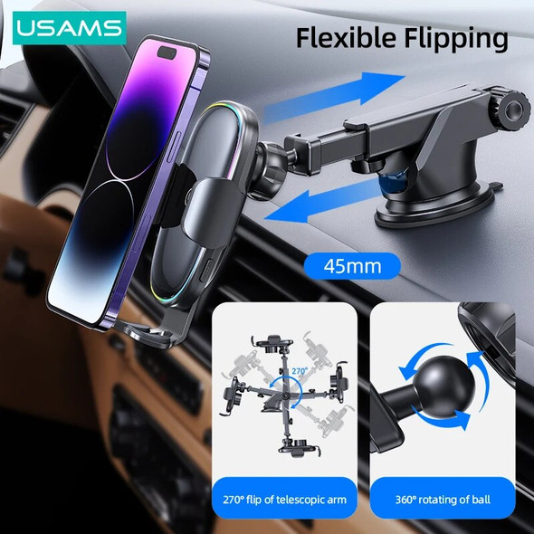 USAMS 15W Wireless Charging Car Holder With Colorful Light Car Bracket Phone Stand For iPhone Xiaomi Huawei Samsung Phone