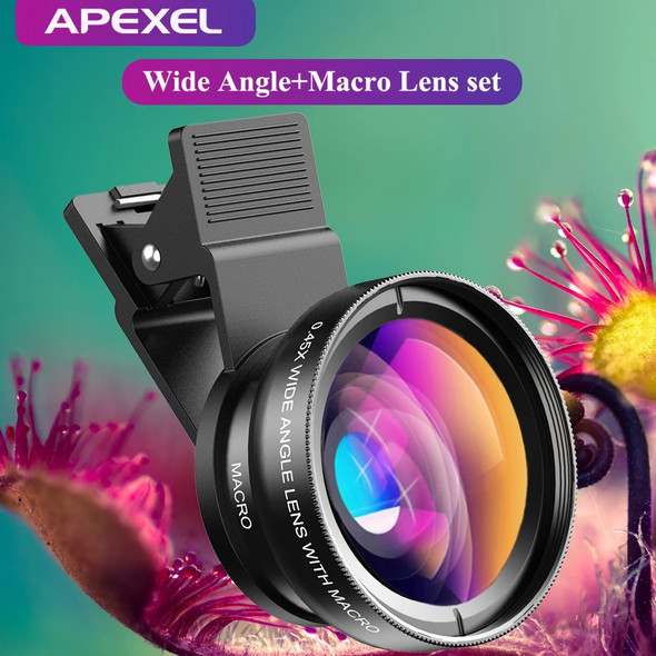 APEXEL 2 in 1 Phone Camera Lens kit 0.45x Wide Angle & 12.5x Macro Lens HD Camera Lentes for iphone ios android smartphones