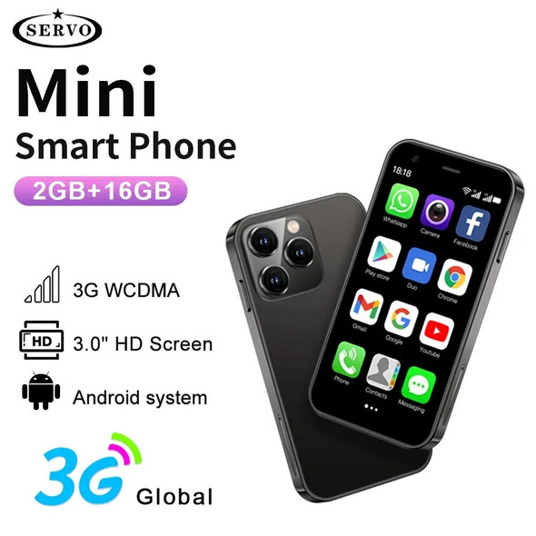 SERVO Mini Smart Phone Pure Android System 3.0'' Display WCDMA Dual SIM Card WiFi Hotspot GPS 2GB /16GB Pocket Smartphone Type-C
