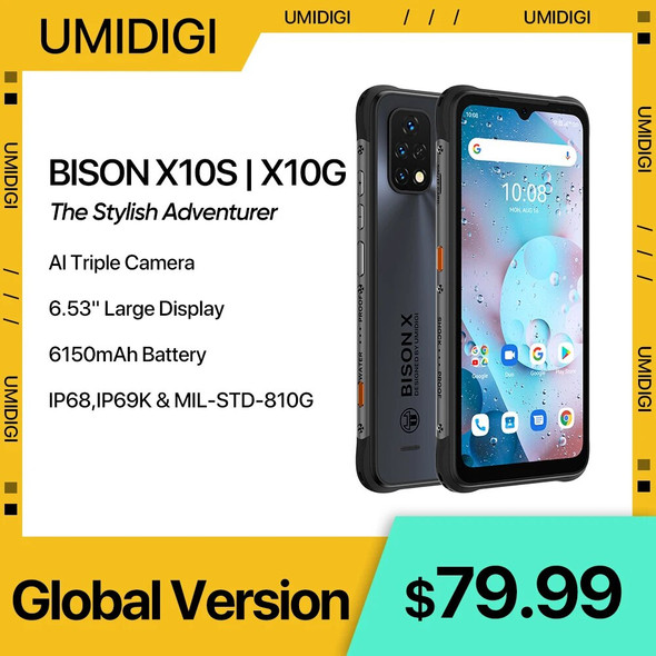 In Stock UMIDIGI BISON X10S X10G IP68/IP69K Waterproof Rugged Phone 6.53" HD+ 4GB+32GB 16MP 6150mAh Battery Smartphone