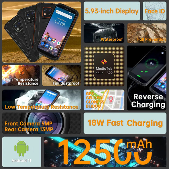 Oukitel WP18 ,12500mAh Battery Smartphone 4G RAM 32G ROM 5.93 Inch Android 11 Mobile Phone 13MP Quad Core Rugged Cellphone