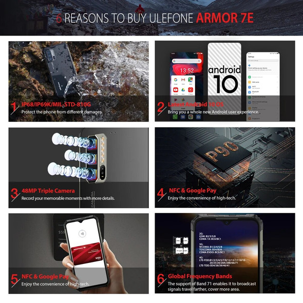Ulefone Armor 7E Rugged Mobile Phone Helio P90+128G Smartphone 2.4G/5G WiFi Waterproof IP68 Global Version Android 10 NFC/48MP