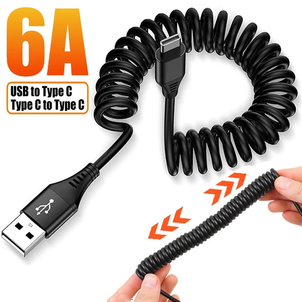 6A USB Type C Spring Pull Telescopic Data Cord USB A Fast Charging Cable Wire for Android Phone Tablet Laptop Accessories