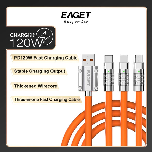 Eaget 3In1 120W Fast Charging Cable Cord For iPhone Android USB Type C Charger Cable Multi Port Multiple Usb Charging Wire Line