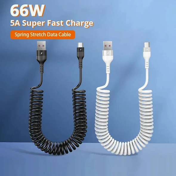 66W 5A USB Type C Data Cable Spring Pull Telescopic For Xiaomi Redmi Samsung Android Phone Charge Car USB Cable