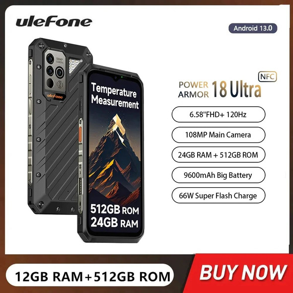 Ulefone Power Armor 18 Ultra 5G Rugged Smartphones 12GB+512GB 6.58Inch FHD Android 13 Mobile Phone 9600mAh 66W Fast Charging NFC