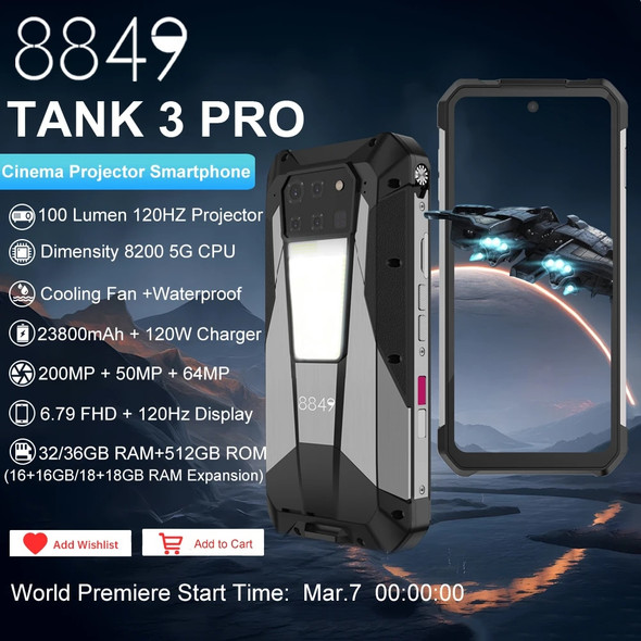 8849 Tank 3 Pro by Unihertz Rugged Smartphone 5G with 100 Lumens Projector 32/36GB 512GB 23800mAh Waterproof 200MP Cell Phones