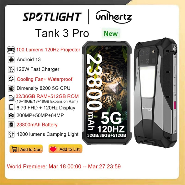 Unihertz Tank 3 Pro 8849 Rugged Phones 5G with 100 Lumens Projector 32/36GB 512GB 23800mAh Waterproof 200MP Smartphones