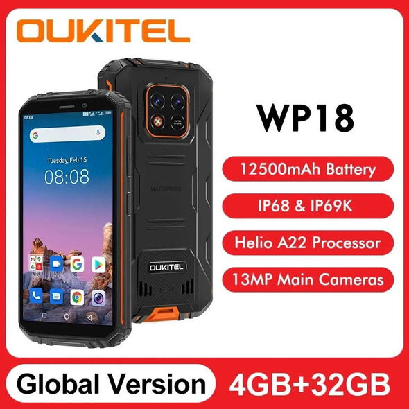 OUKITEL WP18 4GB 32GB Android 11 Smartphone 12500mAh Battery Rugged Mobile Phone 5.93 Inch 13MP 4G Cellphones