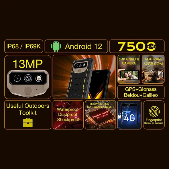 HOTWAV T5 Pro Android 12 OS 4G Rugged Smartphone 7500mAh Massive Battery MTK6761 6.0 Inch Screen 4GB 32GB 13MP Main Camera 2022