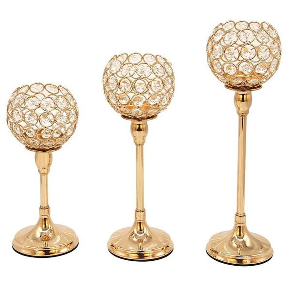 Gold Crystal Candle Holders Candelabra,Tea Light Candlestick Holder Decor For Dining Table,Home Decor(Pack Of 3Pcs)