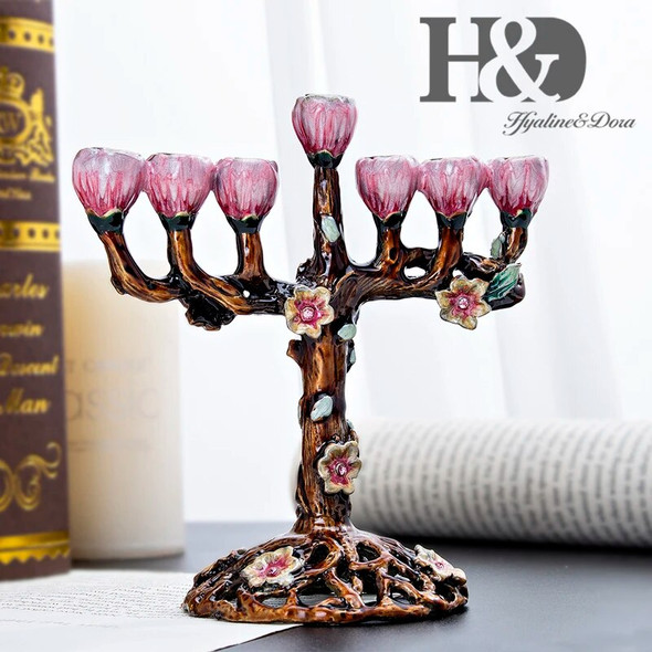 H&D Hand-painted Tree of Flowers Antique Menorah Candlestick Holder 7 Branch Hanukkah Menorah Candle Holders For Party Festival