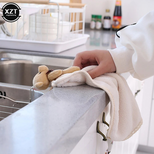 Cute Bear Quick-Dry Hand Towel Coral Fleece Holdable Kitchen Toilet Towel Absorbent Wipe Plush Hand Towel Bathroom Hanging Towel