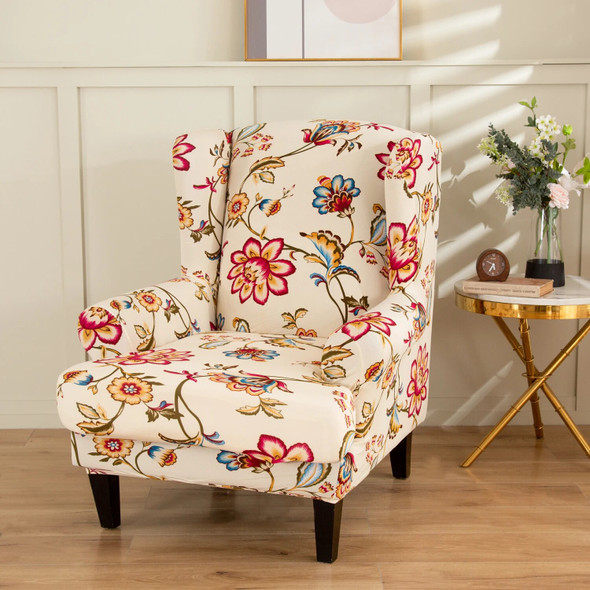 Spandex Stretch Wing Chair Cover Floral Printed High Back Armchair Covers Elastic Relax Sofa Slipcovers with Seat Cushion Cover