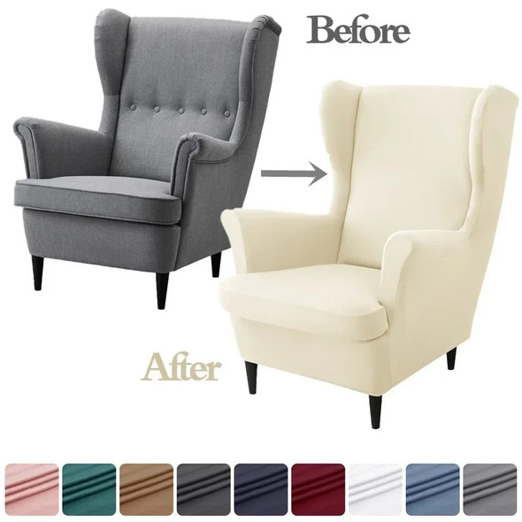 Solid Color Wing Chair Cover Stretch Spandex Armchair Covers Wingback Chair Covers Relax Sofa Slipcovers with Seat Cushion Case