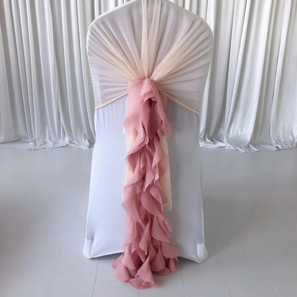 200 PCS Pre tied Romatic Voile Chiffon Chair Sash Ruffled Banquet Chair Cover & Hood Cruly Willow