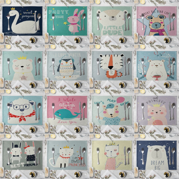 Children's Cute Animal Style Pattern Placemat Cotton Linen Fabric Table Mats Family Dinner Tableware Kitchen Table Mat 30X40cm