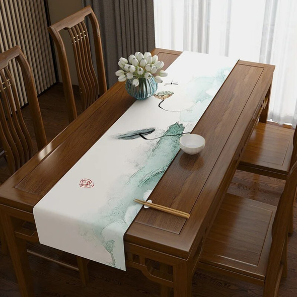 Table Flag New Chinese Style Coffee Table Table Cloth Table Tea Seat Long Strip Lotus Print Decoration Tea Cloth Bed Flag