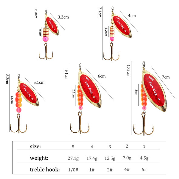 FISH KING Spinner Lure Bait 4.5g/7.0g/12.5g/17.4g/27.1g Spoon Lures pike Metal Fishing Lure Bass Hard Bait With Hooks
