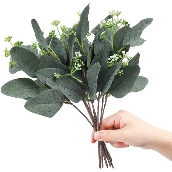 6/12Pcs Artificial Eucalyptus Leaves Green Stem Frost Flowers for Home Decor Wedding Party Outdoor DIY Fake Flowers Decoration