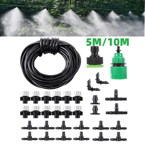 5M/10M Fog Nozzles Irrigation Kit Garden Hose Automatic Misting Plant Watering System Portable Adjustable Greenhouse Equipment